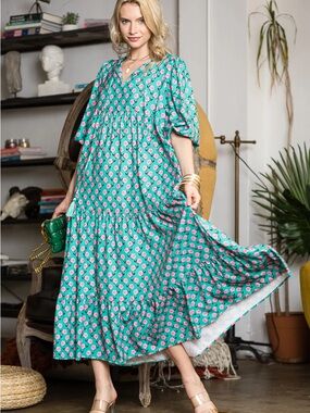 Collection By Cezele V-Neck Tiered Maxi Dress